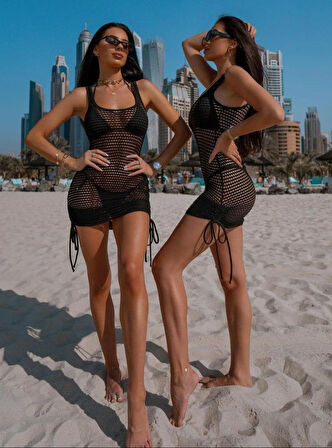 Reka Moda Kadınaskılı Eteği Büzgü Bağlama Detay Delikli örme Triko Pareo Elbise