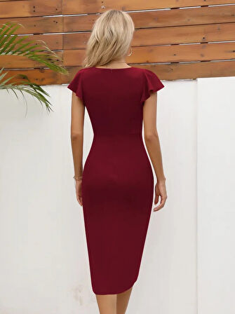 Reka Moda QKadın Kısa Kollu Kalp Yaka Yanlardan Büzgü Detay Midi Janjan Krep Elbise