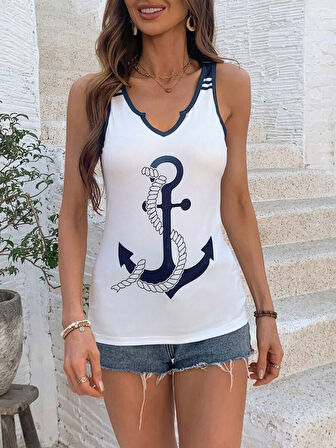 Reka Moda Kadın Kalp Yaka çıpa Baskılı Süprem Bluz