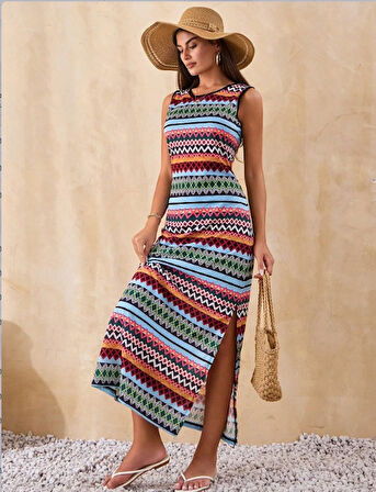 Reka Moda Kadın Bisiklet Yaka Cizgi Desen Süprem Elbise