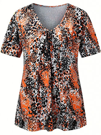 Reka Moda Kadın V Yaka Renkli Leopar Desen Büzgü Detay Süprem Bluz