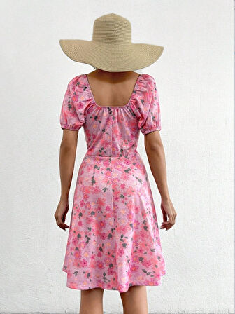 Reka Moda Kadın Kısa Kollu Mini çiçek Baskılı Bağcık Detay Süprem Midi Boy Elbise