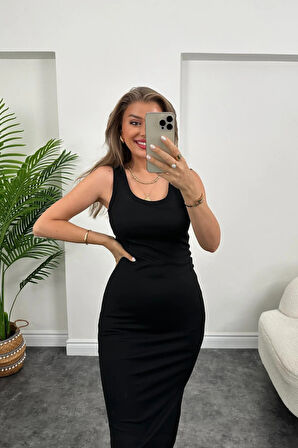 Reka Moda Kadın çift Yırtmaç Detaylı Sıfır Kol Midi Boy Elbise