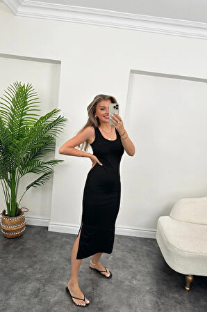 Reka Moda Kadın çift Yırtmaç Detaylı Sıfır Kol Midi Boy Elbise