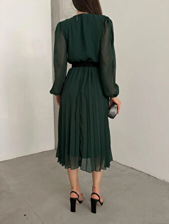 Reka Moda Kadın şifon Kumaş Astalı Kloş Kesim Kruvaze Yaka Midi Boy Elbise