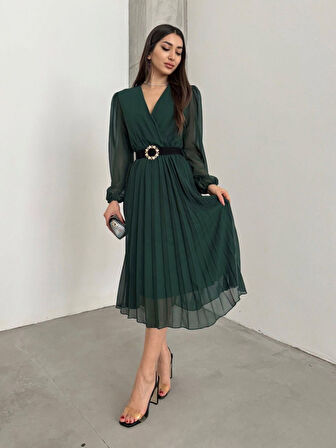 Reka Moda Kadın şifon Kumaş Astalı Kloş Kesim Kruvaze Yaka Midi Boy Elbise