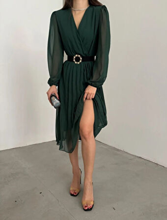 Reka Moda Kadın şifon Kumaş Astalı Kloş Kesim Kruvaze Yaka Midi Boy Elbise