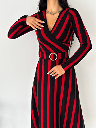 Reka Moda Kadın Akrilik Kumaş Kruvaze Yaka Kemerli Uzun Kollu çizgili Midi Boy Elbise