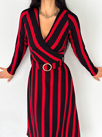 Reka Moda Kadın Akrilik Kumaş Kruvaze Yaka Kemerli Uzun Kollu çizgili Midi Boy Elbise
