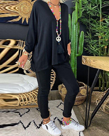 Reka Moda Kadın Uzun Kollu Derin V Yaka ön Kısa Arka Uzun Viskon Bluz