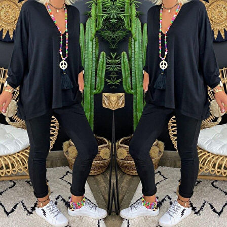 Reka Moda Kadın Uzun Kollu Derin V Yaka ön Kısa Arka Uzun Viskon Bluz