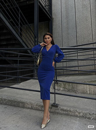 Reka Moda Kadın Kruvaze Yaka Balon Kol Simli Krep Kumaş Midi Boy Elbise