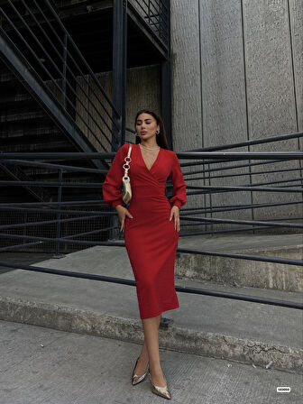 Reka Moda Kadın Kruvaze Yaka Balon Kol Simli Krep Kumaş Midi Boy Elbise