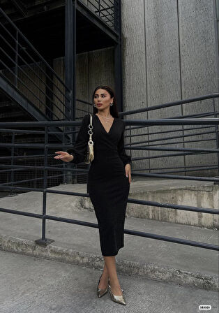 Reka Moda Kadın Kruvaze Yaka Balon Kol Simli Krep Kumaş Midi Boy Elbise