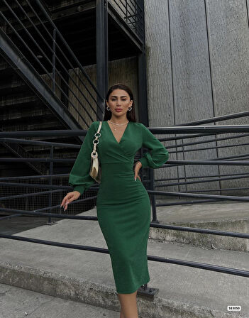 Reka Moda Kadın Kruvaze Yaka Balon Kol Simli Krep Kumaş Midi Boy Elbise