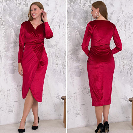 Reka Moda Kadın Kadife Kumaş V Yaka Uzun Kollu Midi Boy Elbise