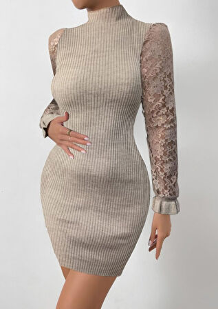 Reka Moda Kadın Uzun Kollu Kollar Tül Detay Triko Mini Boy Elbise