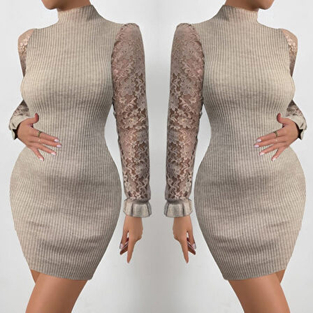 Reka Moda Kadın Uzun Kollu Kollar Tül Detay Triko Mini Boy Elbise