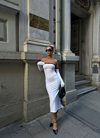 Reka Moda Kadın Dalgıç Kumaş Askısız Yırtmaç Detaylı Elbise