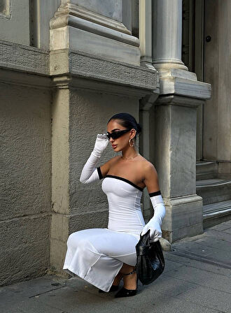 Reka Moda Kadın Dalgıç Kumaş Askısız Yırtmaç Detaylı Elbise