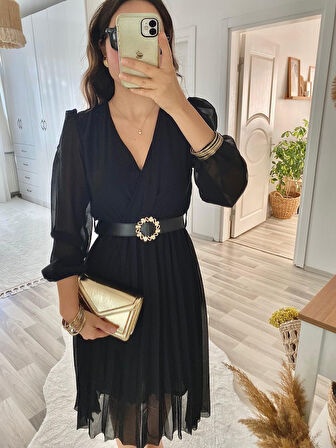 Reka Moda Kadın şifon Kumaş Astalı Kloş Kesim Kruvaze Yaka Midi Boy Elbise