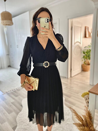 Reka Moda Kadın şifon Kumaş Astalı Kloş Kesim Kruvaze Yaka Midi Boy Elbise