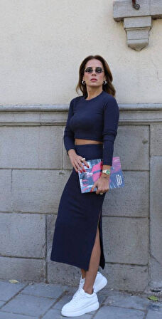 Reka Moda Kadın Soft Kaşkorse Kumaş Bluz Ve Yırtmaç Detaylı Etek Ikili Takım