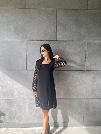 Reka Moda Kadın Uzun Kollu Yuvarlak Yaka Kol Ve Etek Ucu Dantelli Kısa Ithal Krep Elbise