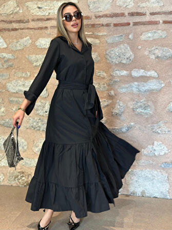 Reka Moda Kadın Uzun Kollu Eteği Fırfırlı Beli Kuşaklı Trikoton Tam Boy Gömlek Elbise