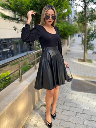 Reka Moda Kadın Uzun Kollu üst Viskon Alt Kloş Deri Elbise