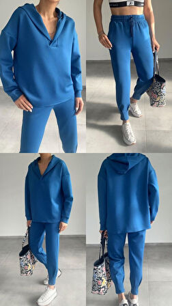 Reka Moda Kadın Uzun Kol V Yaka Kapüşon Detay Sweat Ve Yüksel Bel Eşofman Ikili Takım