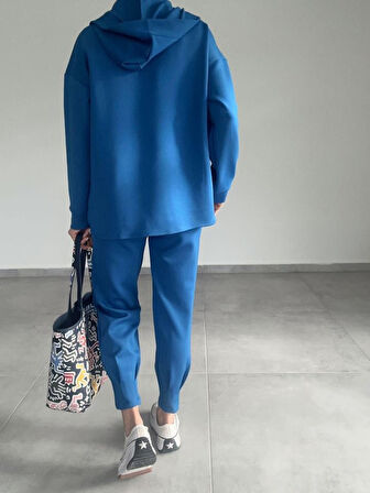 Reka Moda Kadın Uzun Kol V Yaka Kapüşon Detay Sweat Ve Yüksel Bel Eşofman Ikili Takım