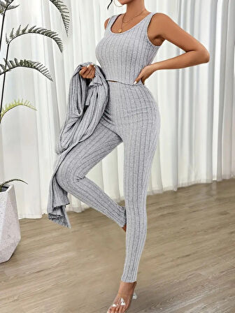 Reka Moda Kadın Yuvarlak Yaka Askılı Krop Bluz Yüksek Bel Tayt Ve Uzun Hırka şardonlu Kaşkorse üçlü Takım