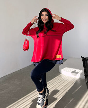 Reka Moda Kadın Kırmızı Kapşonlu Etek Ucu Detay Arma Ters Dikiş Gorunumlu Ikili Takım