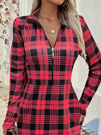 Reka Moda Kadın Uzun Kollu Fermuarlı Ekose Baskılı Dalgıç Elbise