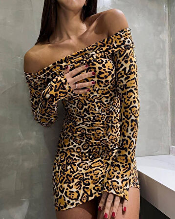 Reka Moda Kadın Madonna Mendil Yaka Leopar Desen Mini Elbise