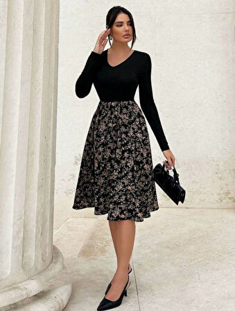 Reka Moda Kadın Uzun Kollu V Yakalı üst Viskon Alt çiçek Desenli Süprem Kısa Elbise