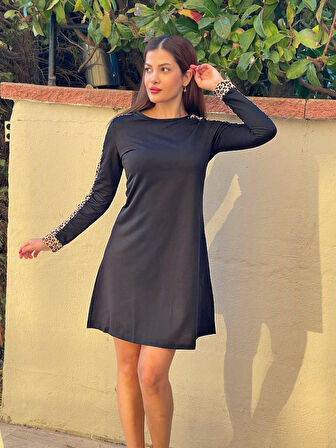 Reka Moda Kadın Uzun Kollu Bisiklet Yaka Kollar Leopar Detay Iki Iplik Mini Boy Elbise