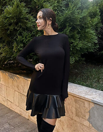 Reka Moda Kadın Uzun Kollu Bisiklet Yaka üst Viskon Etek Ucu Deri Kısa Elbise