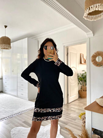 Reka Moda Kadın Uzun Kollu Bisiklet Yaka şerit Leopar Desenli Dalgıç Elbise