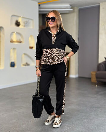 Reka Moda Kadın Uzun Kollu Leopar Detay Sweat Ve Yanı Leopar şerit Detay Pantolon Ikili Takım