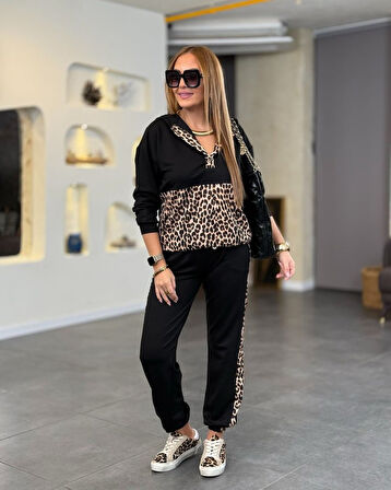 Reka Moda Kadın Uzun Kollu Leopar Detay Sweat Ve Yanı Leopar şerit Detay Pantolon Ikili Takım