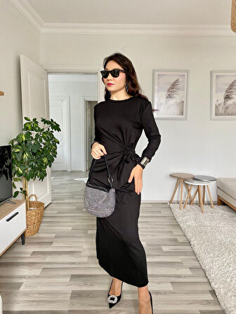 Reka Moda Kadın Uzun Kollu Bisiklet Yaka Belden çapraz Bağlamalı Yandan Yırtmaçlı Uzun Viskon Iki Iplik Elbise