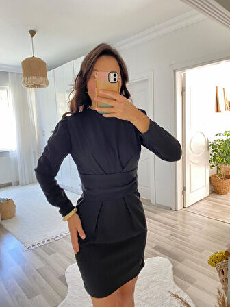 Reka Moda Kadın Uzun Kollu Bisiklet Yaka Bel Kemer Detay Ithal Krep Elbise