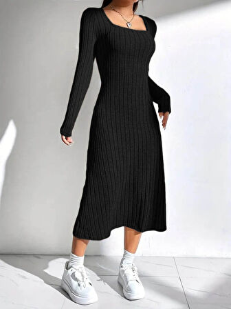 Reka Moda Kadın Uzun Kollu Kare Yakalı Midi şardonlu Kaşkorse Elbise