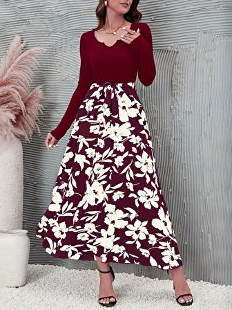 Reka Moda Kadın Uzun Kollu Yaka Açık üst Kaşkorse Beli Kuşaklı Alt çiçek Baskılı Dalgıç Elbise