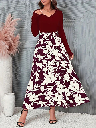 Reka Moda Kadın Uzun Kollu Yaka Açık üst Kaşkorse Beli Kuşaklı Alt çiçek Baskılı Dalgıç Elbise