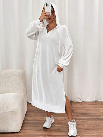 Reka Moda Kadın Uzun Kollu Kapüşonlu Yakası Açık Modal Elbise