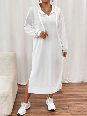 Reka Moda Kadın Uzun Kollu Kapüşonlu Yakası Açık Modal Elbise