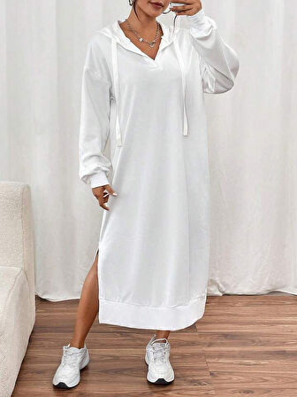 Reka Moda Kadın Uzun Kollu Kapüşonlu Yakası Açık Modal Elbise